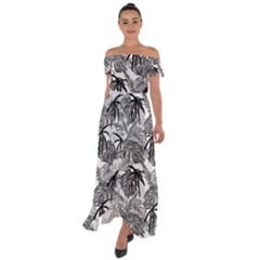 Black And White Leafs Pattern, Tropical Jungle, Nature Themed Off Shoulder Open Front Chiffon Dress by Casemiro