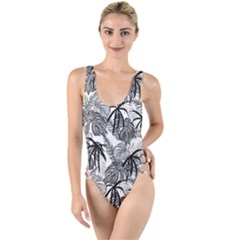 Black And White Leafs Pattern, Tropical Jungle, Nature Themed High Leg Strappy Swimsuit by Casemiro