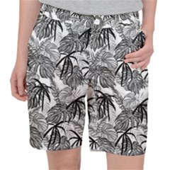 Black And White Leafs Pattern, Tropical Jungle, Nature Themed Pocket Shorts by Casemiro