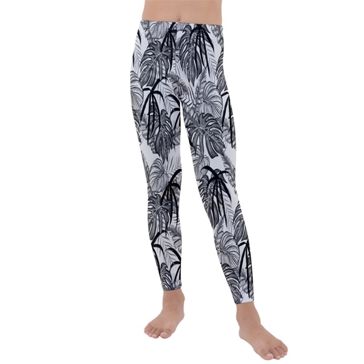 Black and white leafs pattern, tropical jungle, nature themed Kids  Lightweight Velour Leggings