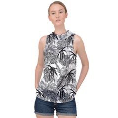 Black And White Leafs Pattern, Tropical Jungle, Nature Themed High Neck Satin Top by Casemiro