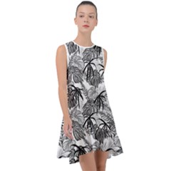 Black And White Leafs Pattern, Tropical Jungle, Nature Themed Frill Swing Dress by Casemiro