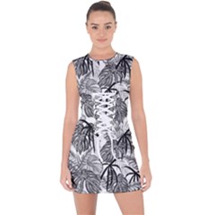 Black And White Leafs Pattern, Tropical Jungle, Nature Themed Lace Up Front Bodycon Dress