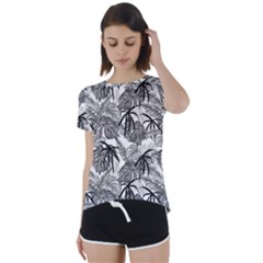 Black And White Leafs Pattern, Tropical Jungle, Nature Themed Short Sleeve Foldover Tee