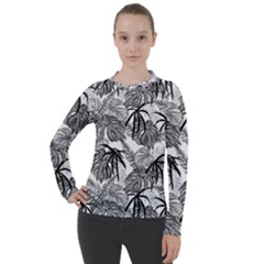 Black And White Leafs Pattern, Tropical Jungle, Nature Themed Women s Pique Long Sleeve Tee