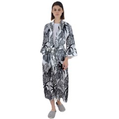 Black And White Leafs Pattern, Tropical Jungle, Nature Themed Maxi Satin Kimono by Casemiro