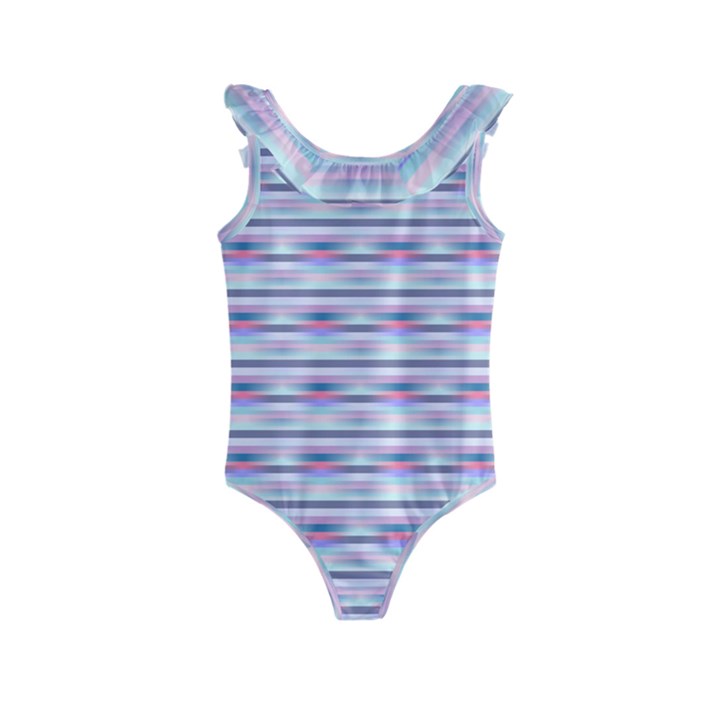 Pastel lines, bars pattern, pink, light blue, purple colors Kids  Frill Swimsuit