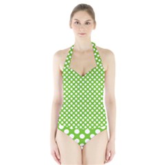 Pastel Green Lemon, White Polka Dots Pattern, Classic, Retro Style Halter Swimsuit by Casemiro