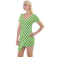 Pastel Green Lemon, White Polka Dots Pattern, Classic, Retro Style Short Sleeve Asymmetric Mini Dress by Casemiro