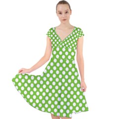 Pastel Green Lemon, White Polka Dots Pattern, Classic, Retro Style Cap Sleeve Front Wrap Midi Dress by Casemiro