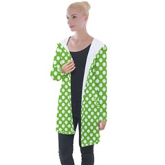 Pastel Green Lemon, White Polka Dots Pattern, Classic, Retro Style Longline Hooded Cardigan by Casemiro