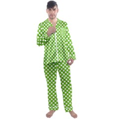 Pastel Green Lemon, White Polka Dots Pattern, Classic, Retro Style Men s Long Sleeve Satin Pyjamas Set by Casemiro