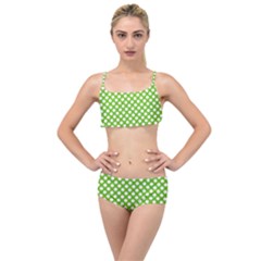 Pastel Green Lemon, White Polka Dots Pattern, Classic, Retro Style Layered Top Bikini Set by Casemiro