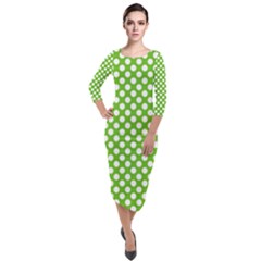 Pastel Green Lemon, White Polka Dots Pattern, Classic, Retro Style Quarter Sleeve Midi Velour Bodycon Dress by Casemiro