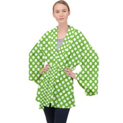 Pastel Green Lemon, White Polka Dots Pattern, Classic, Retro Style Long Sleeve Velvet Kimono  by Casemiro