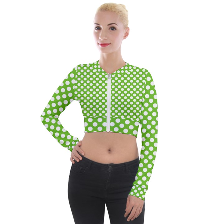 Pastel green lemon, white polka dots pattern, classic, retro style Long Sleeve Cropped Velvet Jacket