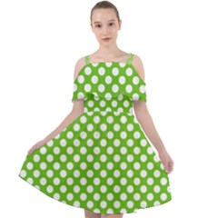 Pastel Green Lemon, White Polka Dots Pattern, Classic, Retro Style Cut Out Shoulders Chiffon Dress