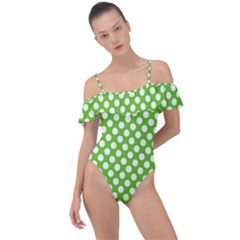 Pastel Green Lemon, White Polka Dots Pattern, Classic, Retro Style Frill Detail One Piece Swimsuit by Casemiro