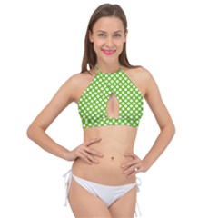 Pastel Green Lemon, White Polka Dots Pattern, Classic, Retro Style Cross Front Halter Bikini Top by Casemiro