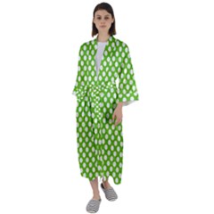 Pastel Green Lemon, White Polka Dots Pattern, Classic, Retro Style Maxi Satin Kimono