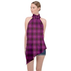 Dark Purple, Violet Tartan, Buffalo Plaid Like Pattern Halter Asymmetric Satin Top by Casemiro