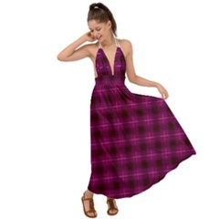 Dark Purple, Violet Tartan, Buffalo Plaid Like Pattern Backless Maxi Beach Dress by Casemiro