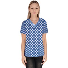 Pastel Blue, White Polka Dots Pattern, Retro, Classic Dotted Theme Women s V-neck Scrub Top by Casemiro