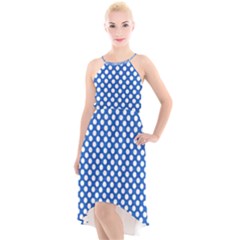 Pastel Blue, White Polka Dots Pattern, Retro, Classic Dotted Theme High-low Halter Chiffon Dress  by Casemiro