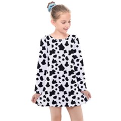 Black And White Cow Spots Pattern, Animal Fur Print, Vector Kids  Long Sleeve Dress by Casemiro