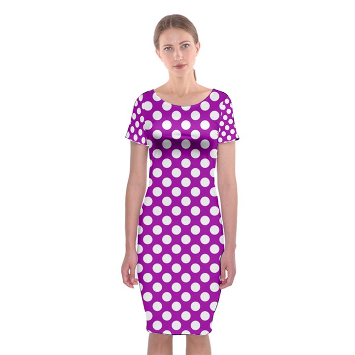 White and purple, polka dots, retro, vintage dotted pattern Classic Short Sleeve Midi Dress