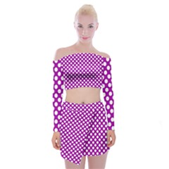 White And Purple, Polka Dots, Retro, Vintage Dotted Pattern Off Shoulder Top With Mini Skirt Set by Casemiro