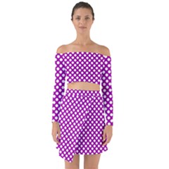 White And Purple, Polka Dots, Retro, Vintage Dotted Pattern Off Shoulder Top With Skirt Set by Casemiro