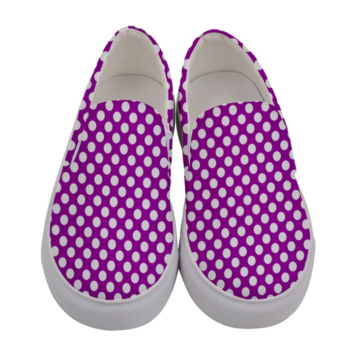 White and purple, polka dots, retro, vintage dotted pattern Women s Canvas Slip Ons