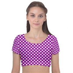 White And Purple, Polka Dots, Retro, Vintage Dotted Pattern Velvet Short Sleeve Crop Top  by Casemiro