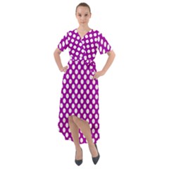 White And Purple, Polka Dots, Retro, Vintage Dotted Pattern Front Wrap High Low Dress