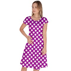 White And Purple, Polka Dots, Retro, Vintage Dotted Pattern Classic Short Sleeve Dress