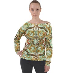 Multicolored Modern Collage Print Off Shoulder Long Sleeve Velour Top