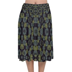 Modern Ornate Stylized Motif Print Velvet Flared Midi Skirt