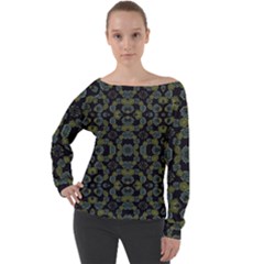 Modern Ornate Stylized Motif Print Off Shoulder Long Sleeve Velour Top