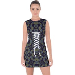 Modern Ornate Stylized Motif Print Lace Up Front Bodycon Dress