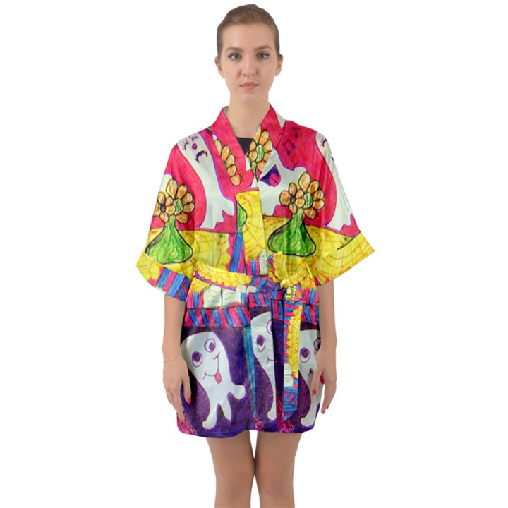 Circus Ghosts Half Sleeve Satin Kimono 