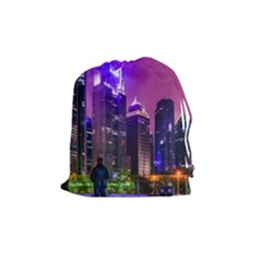 Lujiazui District Nigth Scene, Shanghai China Drawstring Pouch (medium) by dflcprintsclothing