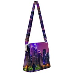 Lujiazui District Nigth Scene, Shanghai China Zipper Messenger Bag