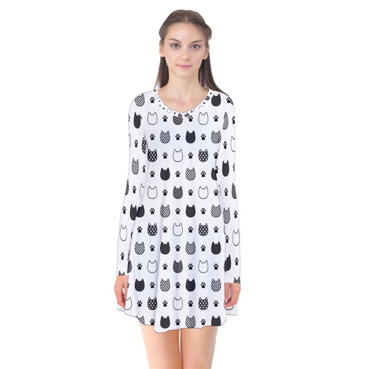 kitten head paw footprint seamless pattern 1 Long Sleeve V-neck Flare Dress