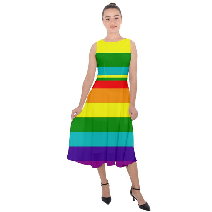 Original 8 Stripes LGBT Pride Rainbow Flag Midi Tie-Back Chiffon Dress