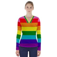 Original 8 Stripes Lgbt Pride Rainbow Flag V-neck Long Sleeve Top by yoursparklingshop