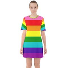 Original 8 Stripes Lgbt Pride Rainbow Flag Sixties Short Sleeve Mini Dress by yoursparklingshop