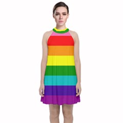 Original 8 Stripes Lgbt Pride Rainbow Flag Velvet Halter Neckline Dress 