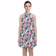 Beautiful Floral Pattern Velvet Halter Neckline Dress 