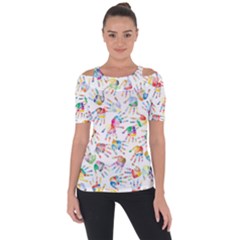 Colorful Palms, Hand Print Pattern, Rainbow Colors Palette Shoulder Cut Out Short Sleeve Top by Casemiro